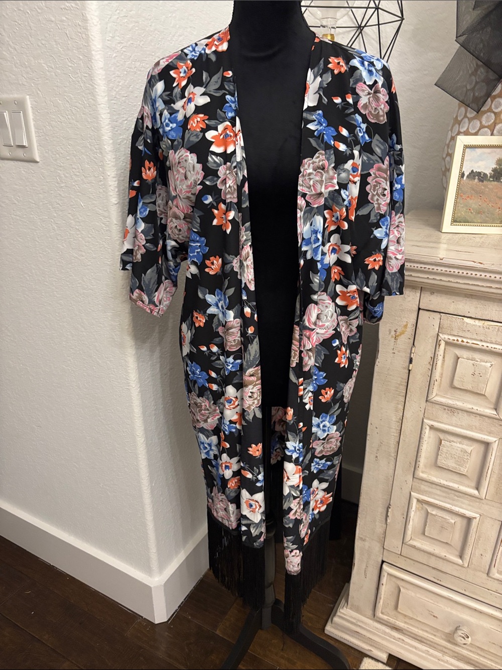 Carmen for Neiman Marcus Floral Fringe Kimono - Black with Pink & Blue Flowers